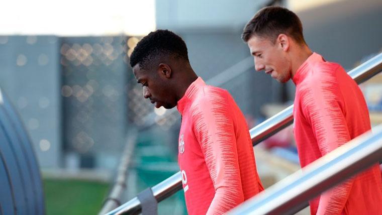 Ousmane Dembélé y Clément Lenglet en un entrenamiento del FC Barcelona