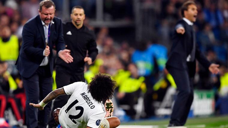 Marcelo Vieira, derribado duramente por un jugador del Viktoria Plzen