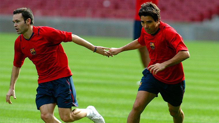 Andrés Iniesta y Deco en un entrenamiento del FC Barcelona