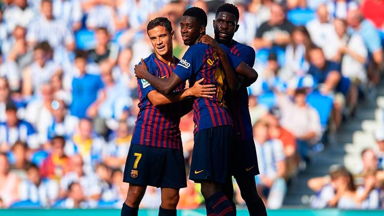 Coutinho, Dembélé y Umtiti celebran un gol del FC Barcelona