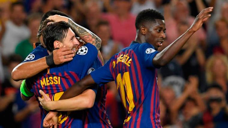 Ousmane Dembélé, celebrating a goal with Messi, Suárez and company