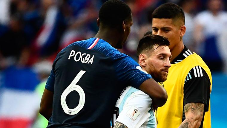 Leo Messi y Paul Pogba, durante el Argentina-Francia del Mundial 2018
