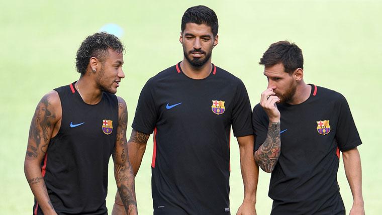 Neymar, beside Luis Suárez and to Leo Messi