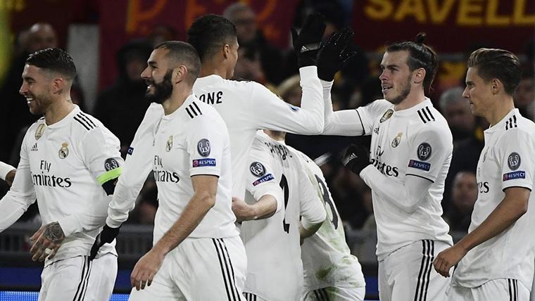 El Real Madrid, celebrando el gol de Gareth Bale contra la Roma