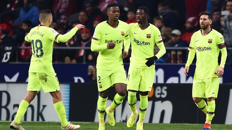 Ousmane Dembélé y sus compañeros, celebrando un gol con el Barça