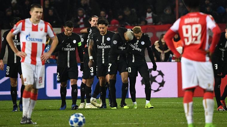 The PSG, celebrating one of the goals against the Red Star of Belgrade