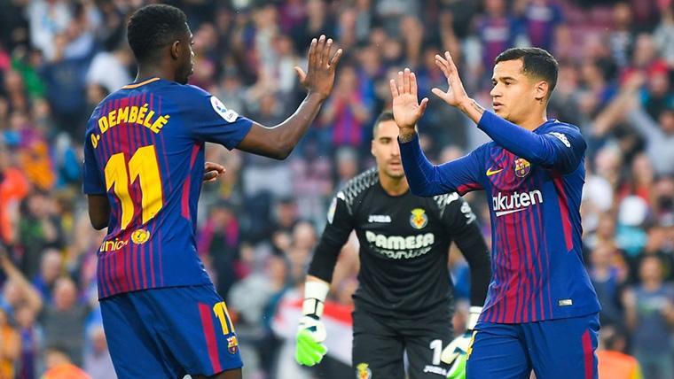 Philippe Coutinho and Ousmane Dembélé, celebrating a goal with the Barcelona