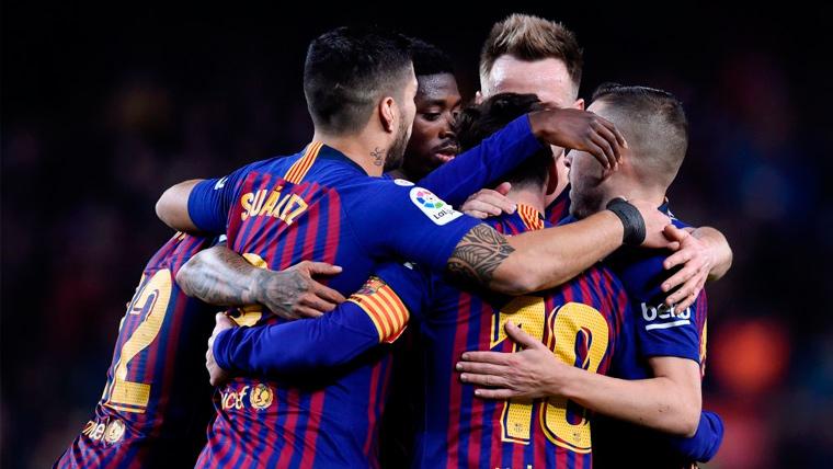 Los jugadores del FC Barcelona celebran un gol en LaLiga