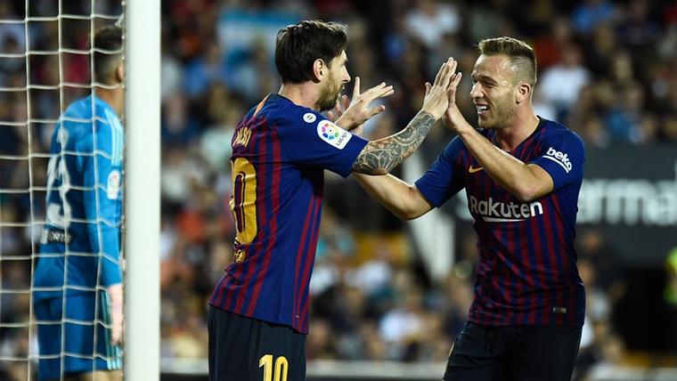 Arthur Melo, celebrating a goal beside Messi in the FC Barcelona
