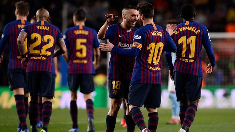 El FC Barcelona, celebrando un gol marcado contra el Espanyol