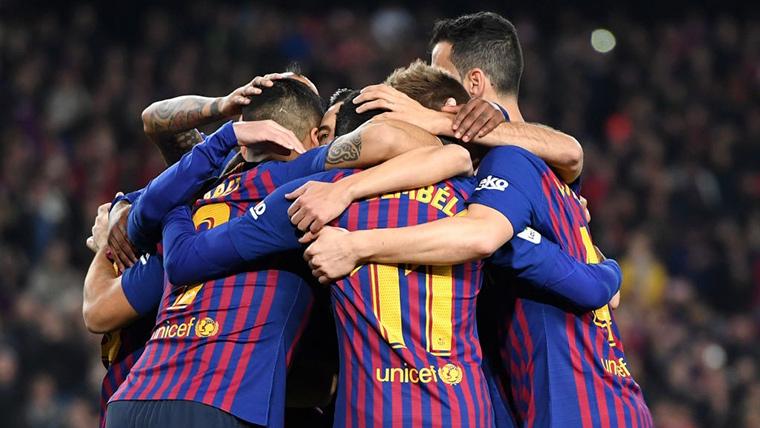 El FC Barcelona, celebrando un gol en un partido de Liga Santander
