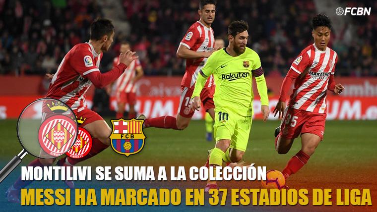 Leo Messi, surrounded of players of the Girona in Montilivi