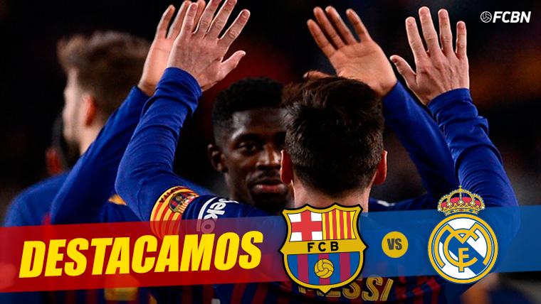 Leo Messi y Ousmane Dembélé, chocando las manos al celebrar un gol