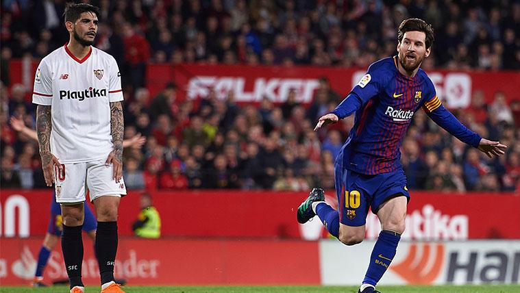 Leo Messi celebrates a goal with the FC Barcelona