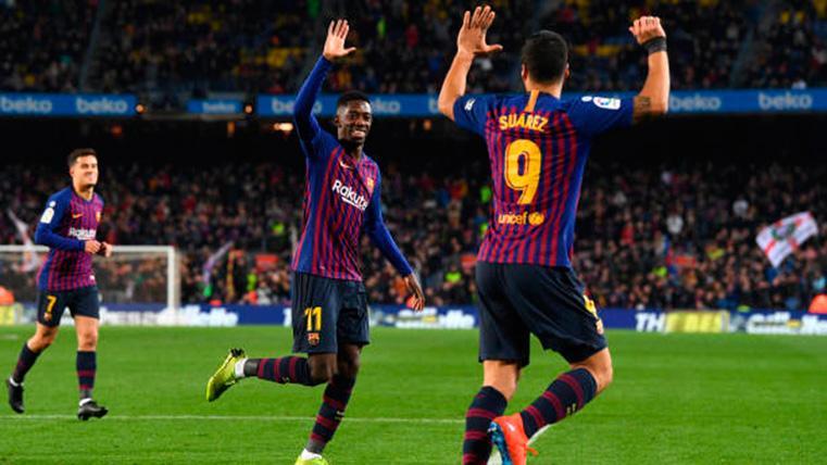 Luis Suárez, celebrating with Dembélé the marked goal to the Real Madrid