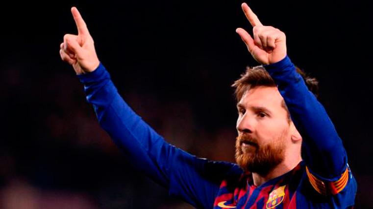 Leo Messi, celebrating the marked goal against the Olympique of Lyon