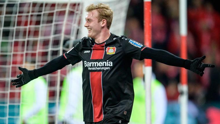 Julian Brandt celebrates a goal with the Bayer Leverkusen
