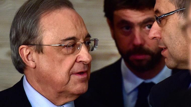 Florentino Pérez, Andrea Agnelli y Josep Maria Bartomeu en un acto de la ECA