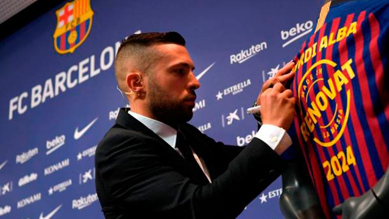 Jordi Alba, during his act of renewal with the FC Barcelona