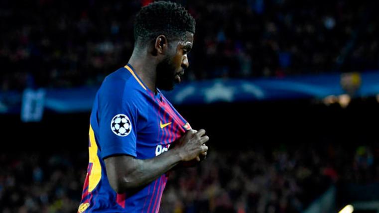 Samuel Umtiti, celebrating a goal with the Barça in Champions League