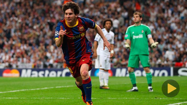 Leo Messi celebrates a goal against the Real Madrid