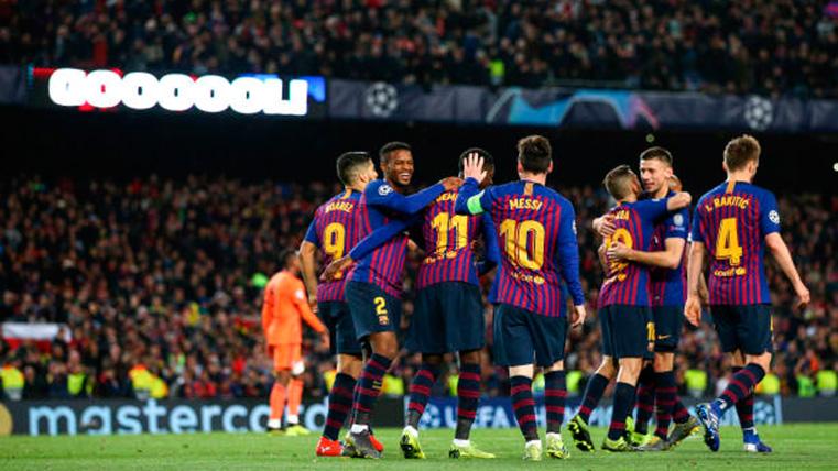 El FC Barcelona, celebrando un gol marcado en Champions League