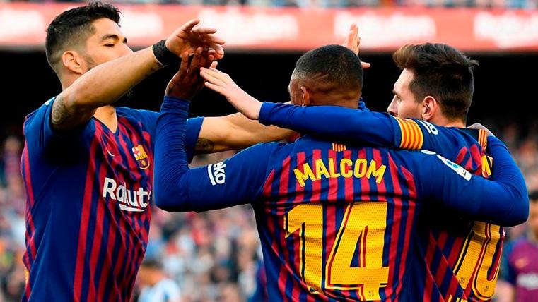 Suárez, Malcom y Messi celebran un gol