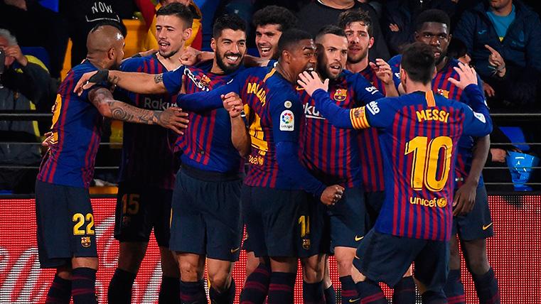 Los jugadores del Barça celebran un gol contra el Villarreal
