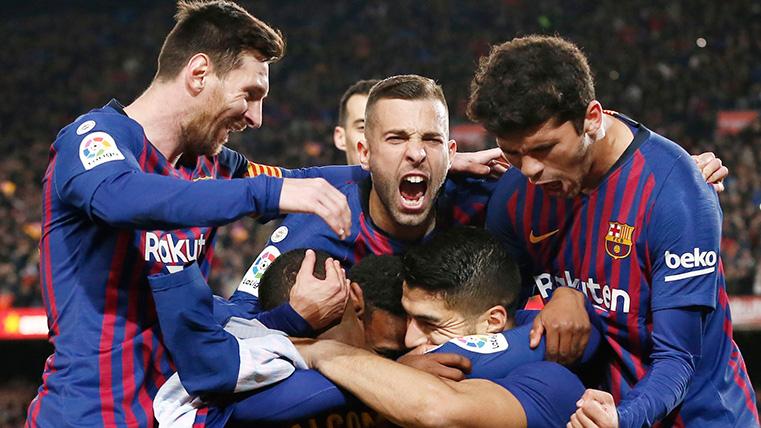 El FC Barcelona, celebrando uno de los goles ante el Atlético
