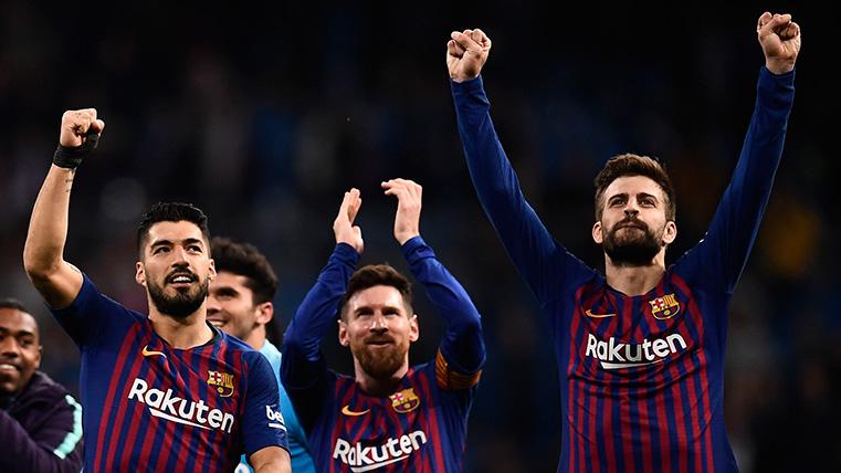 Gerard Piqué, Leo Messi y Luis Suárez, celebrando un triunfo del Barça
