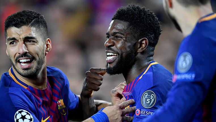 Samuel Umtiti, celebrating a marked goal with the FC Barcelona