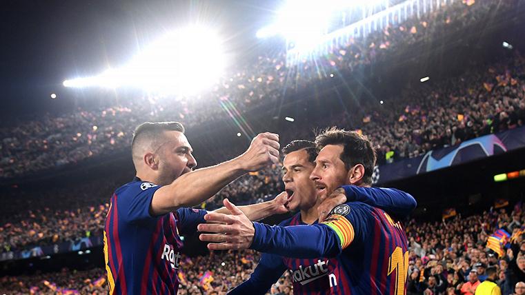 El FC Barcelona, celebrando uno de los goles contra el Manchester United