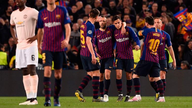 Los jugadores del FC Barcelona celebran un gol en la Champions