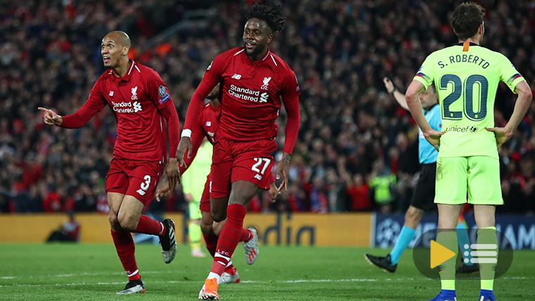 Divock Origi, celebrating one of the goals against the FC Barcelona in Anfield