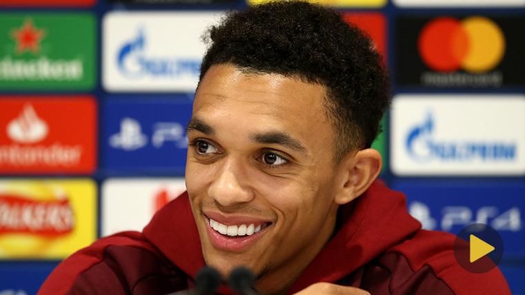 Trent Alexander-Arnold, speaking in front of the means in press conference