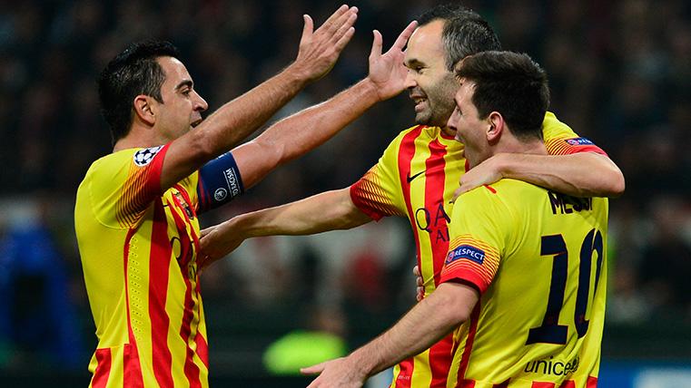 Messi, Iniesta and Xavi celebrating a goal with the Barça