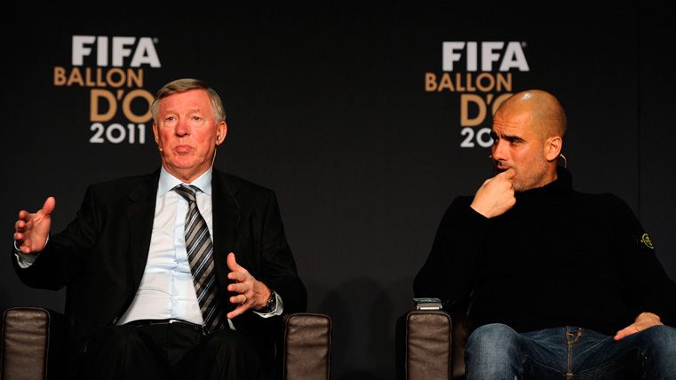 Sir Alex Ferguson and Pep Guardiola in a conference of the FIFA