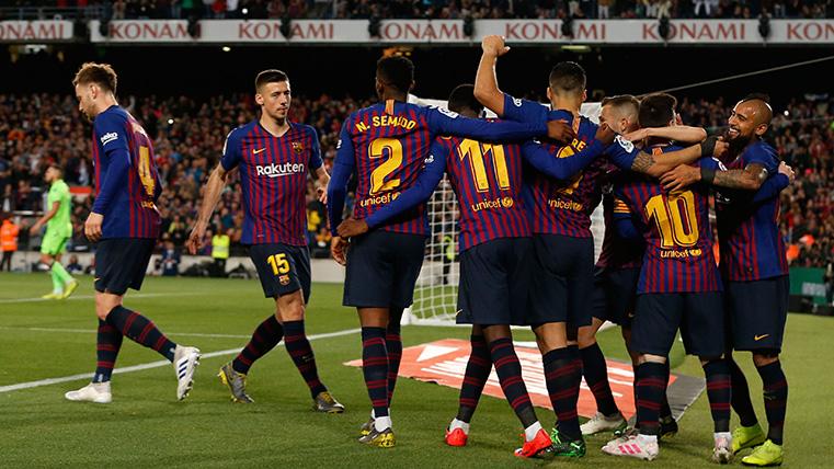 El FC Barcelona, celebrando un gol esta temporada en el Camp Nou