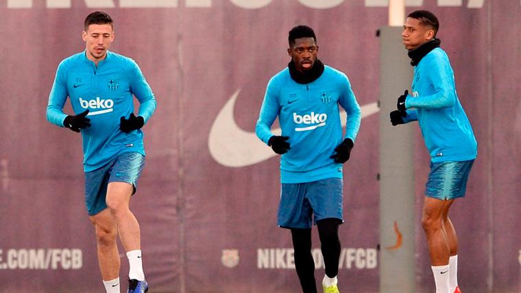 Lenglet, Dembélé y Todibo en un entrenamiento del FC Barcelona