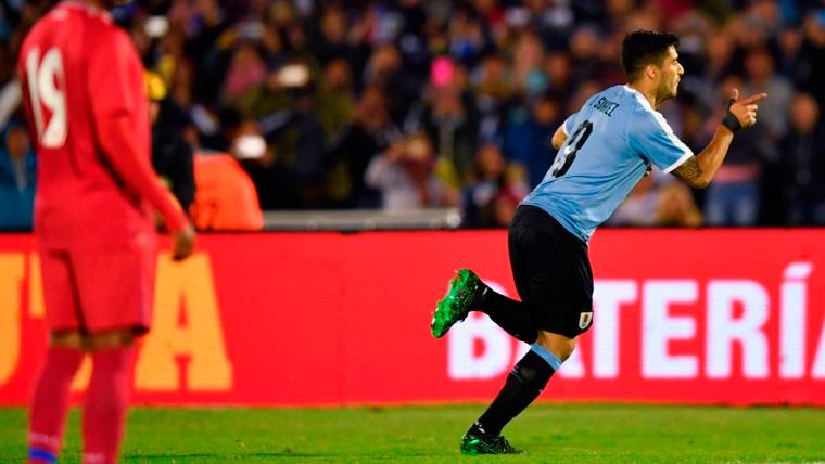 Luis Suárez celebra un gol con la selección de Uruguay