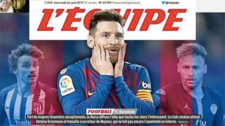 Leo Messi, Neymar Jr and Antoine Griezmann, in the cover of 'L'Équipe'