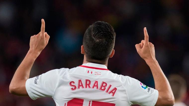 Pablo Sarabia celebrates a goal with the Seville