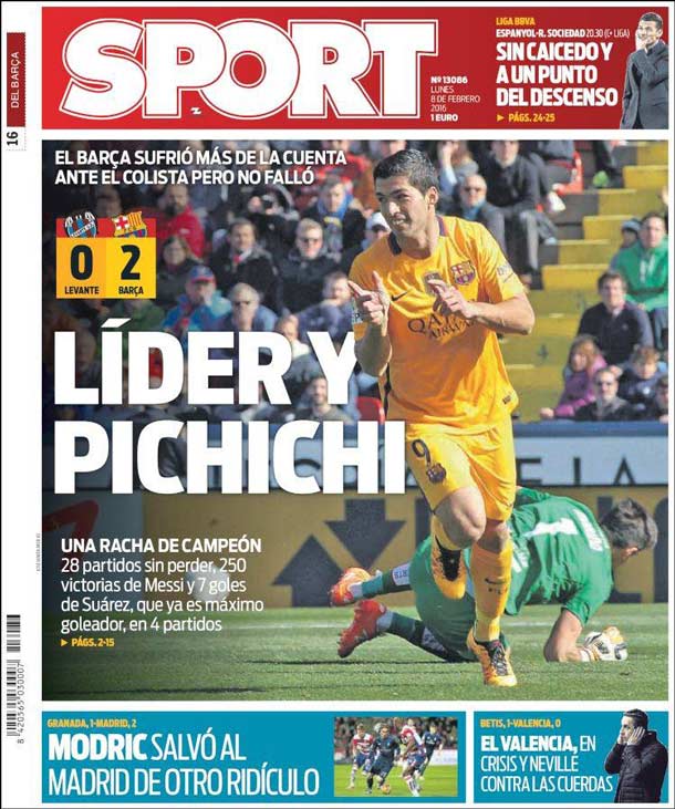 Cover of the newspaper sport, Monday 8 February 2016