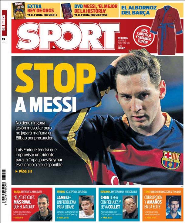 Cover of the newspaper sport, Tuesday 19 January 2016