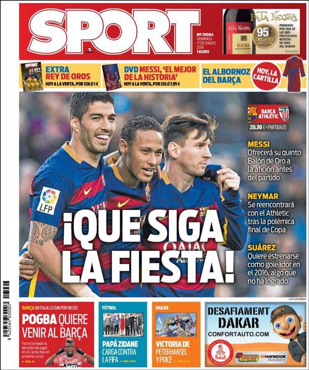 Cover of the newspaper sport, Sunday 17 January 2015