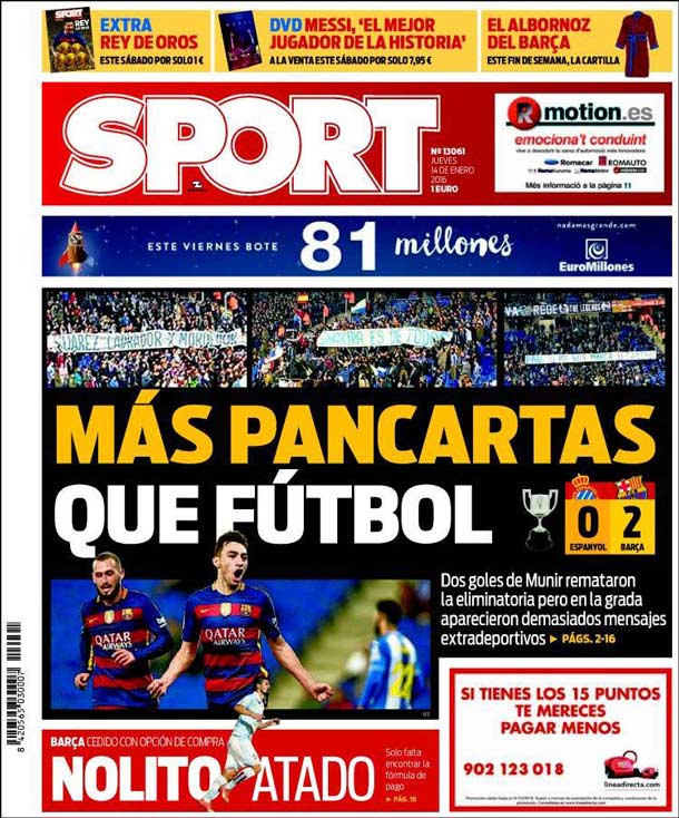 Cover of the newspaper sport, Thursday 14 January 2016