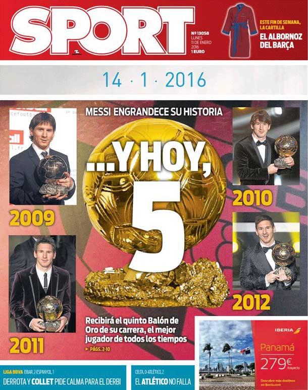 Cover of the newspaper sport, Monday 11 January 2016
