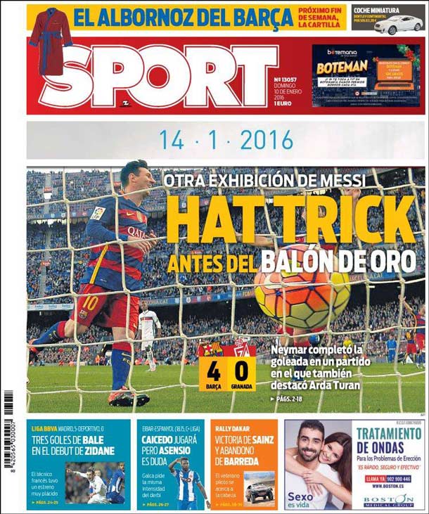 Cover of the newspaper sport, Sunday 10 January 2016