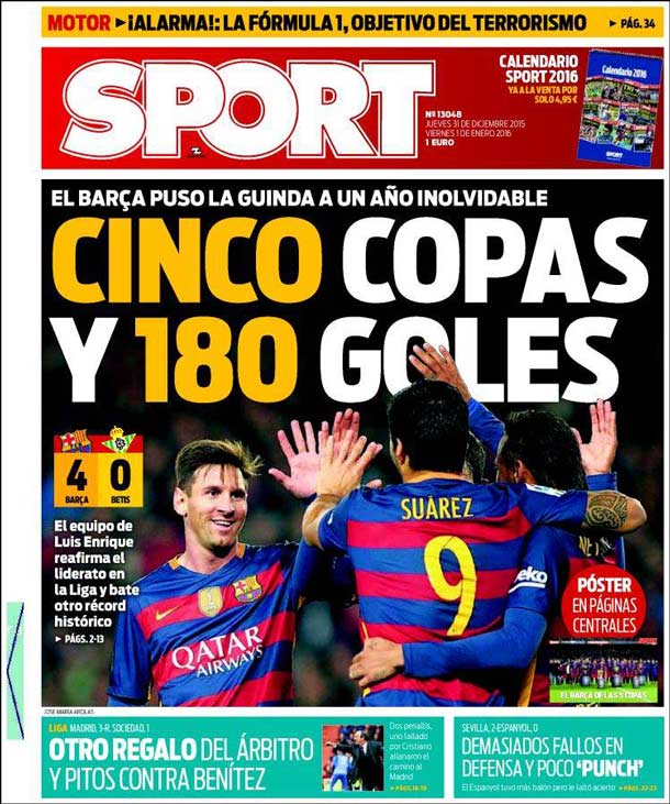 Cover of the newspaper sport, Thursday 31 December 2015