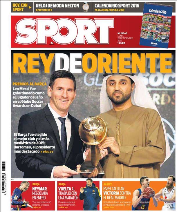 Cover of the newspaper sport, Monday 28 December 2015